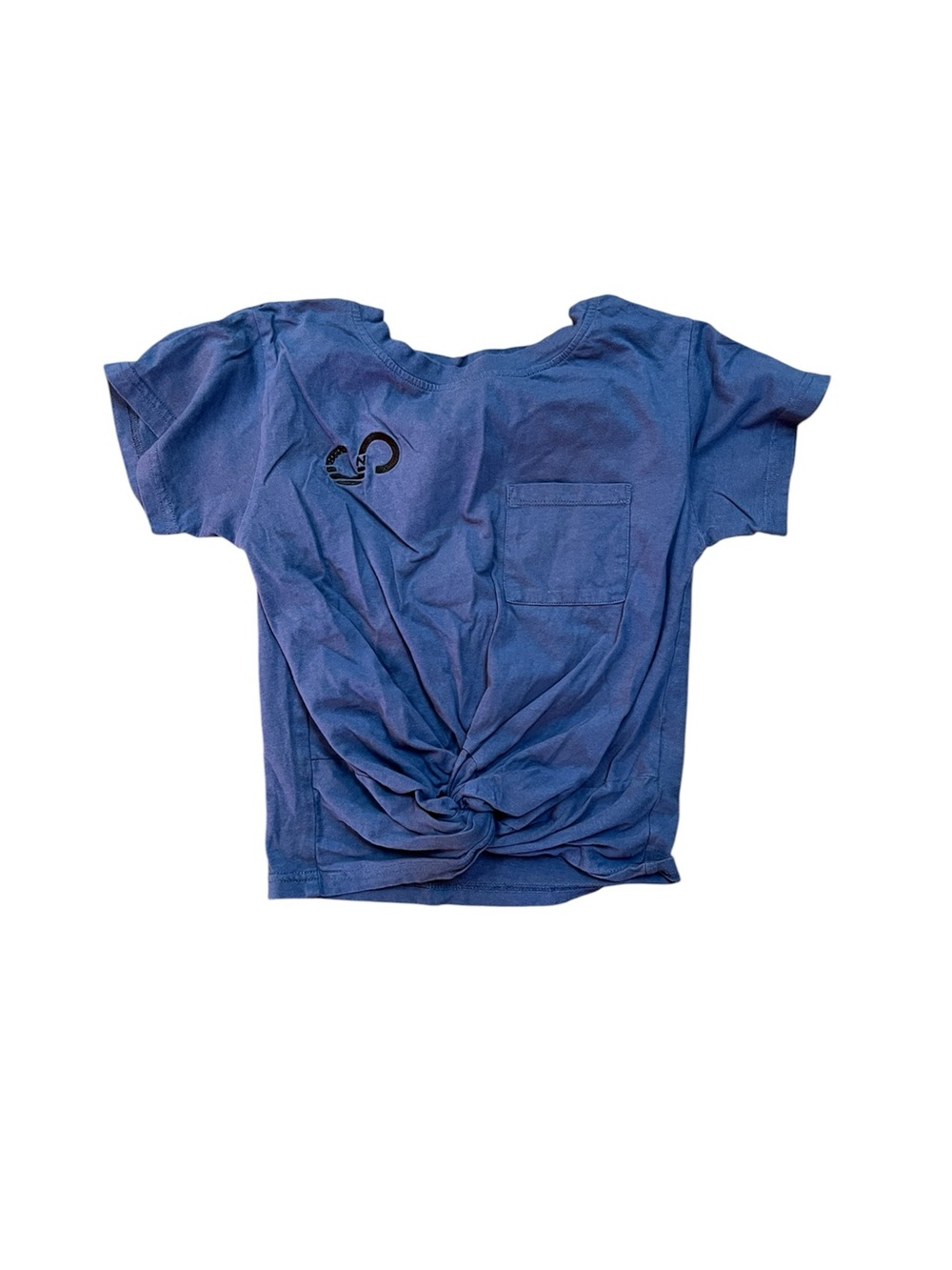 Blue Curves N Combat Boots baby tee twist front crop top with black logo